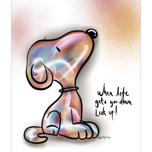 Printed illustration from Lykketegning. Look up. Snoopy